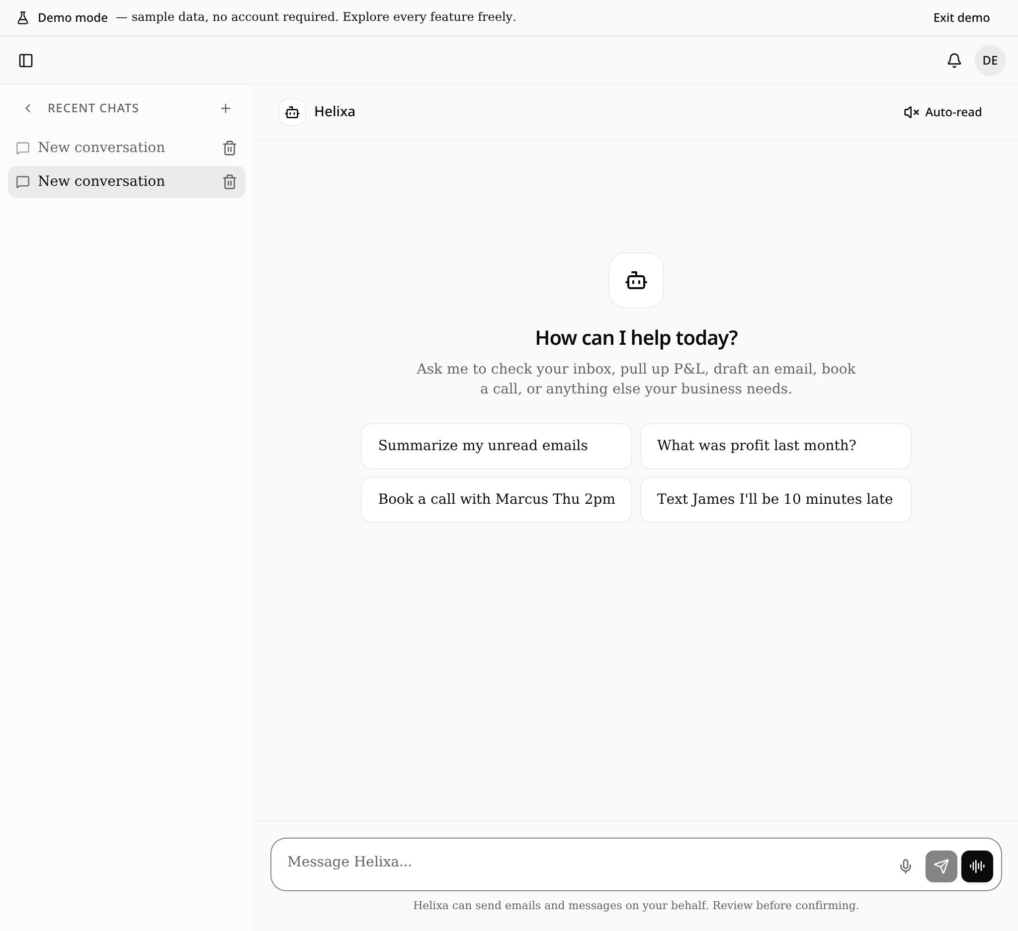 Helixa chat where you ask about your inbox, P&L, calendar and more